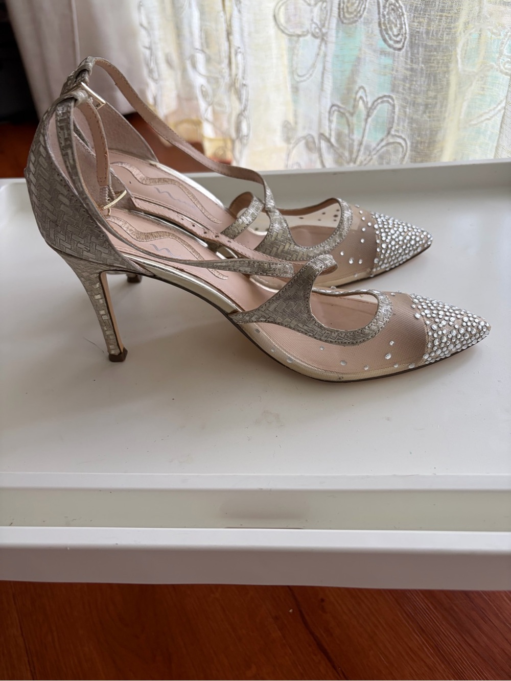 Nina Silver Nude Mesh Pointed-Toe Crystal Heels
